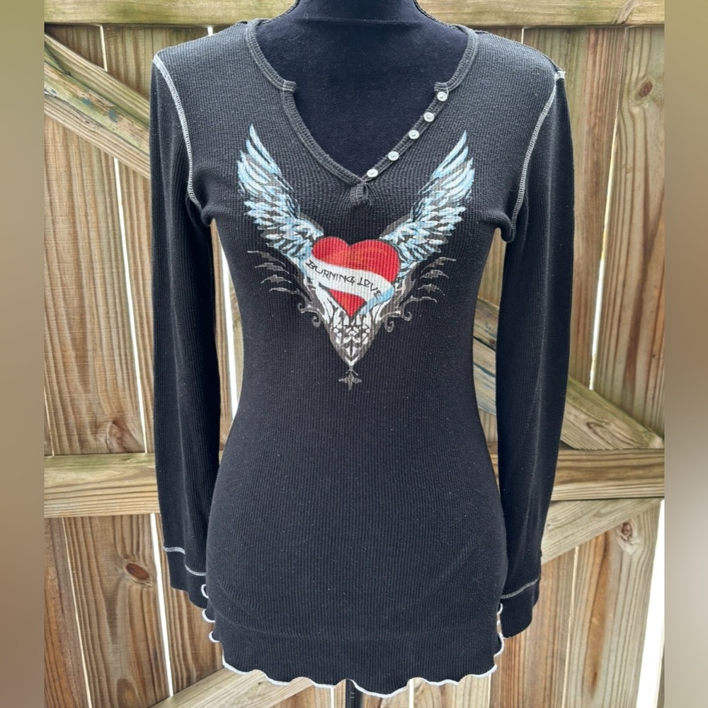 INC International Concepts Burning Love Black Long Sleeve Thermal Top Size M